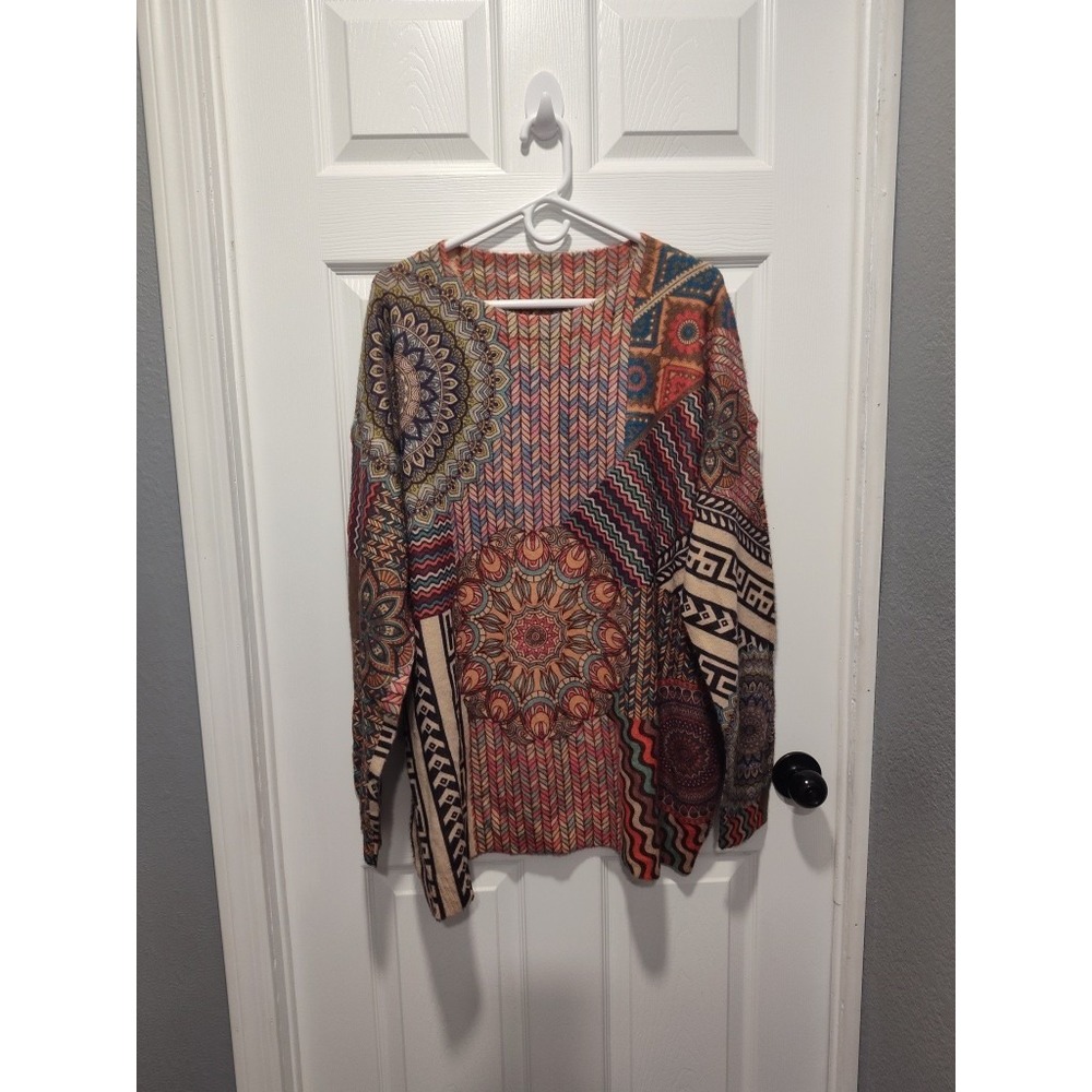 Yesno Patchwork Mandala Knit‎ Sweater 3XL Cotton Wool Blend Boho Art Wear Hippie